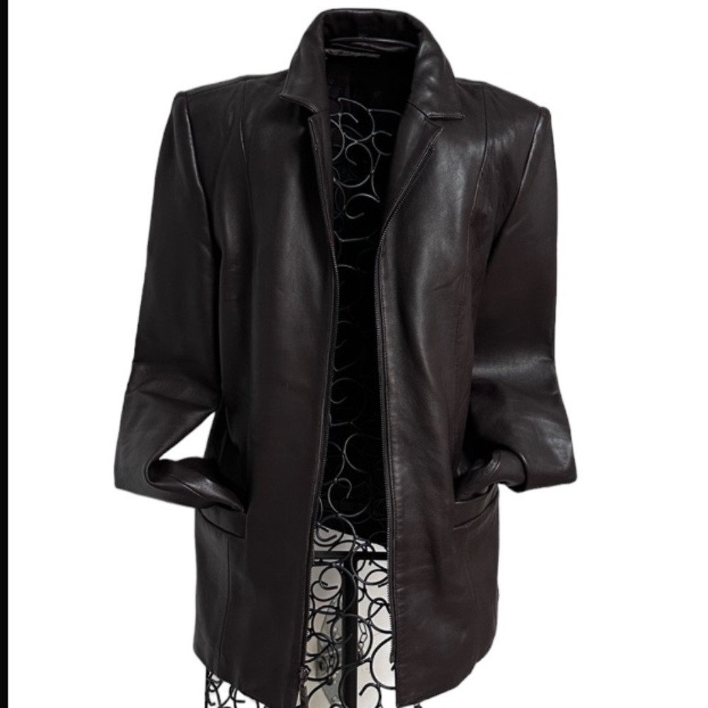 Jones New York Dark Brown Genuine Leather Jacket With Pockets Ladies Size Medium